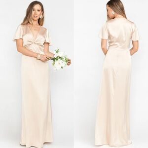 SMYM Rome Twist Gown Champagne Beige Satin Maxi Dress XL Bridesmaid Wedding